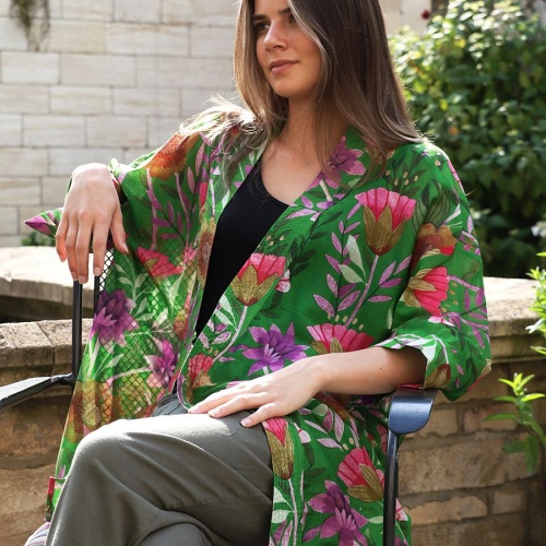 Long Green Mix Floral Print Kimono by Peace of Mind